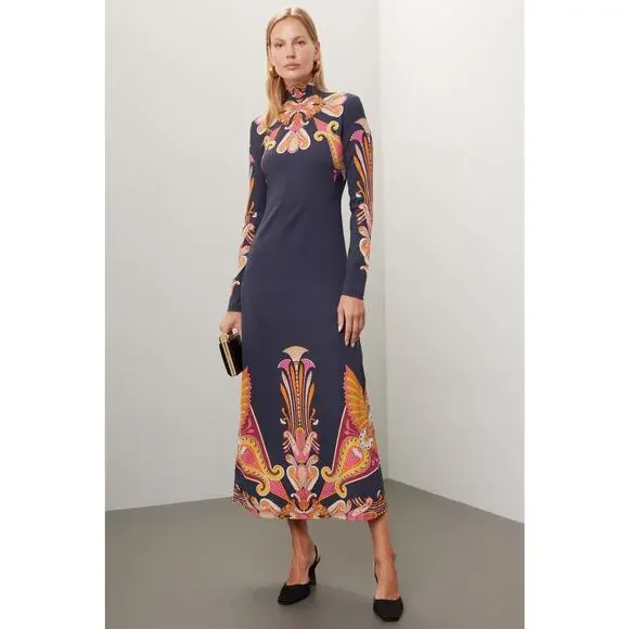 LA DOUBLEJ Navy Paisley Gold Pendant High Neck A-Line Halle Dress Size XS - Picture 7 of 16